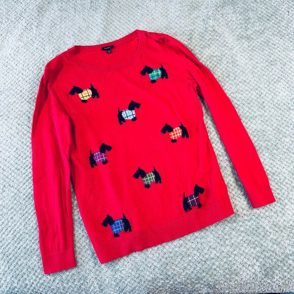 TALBOTS Red Scottie Dog Printed Pullover Crewneck Sweater M Christmas Light - Picture 1 of 5